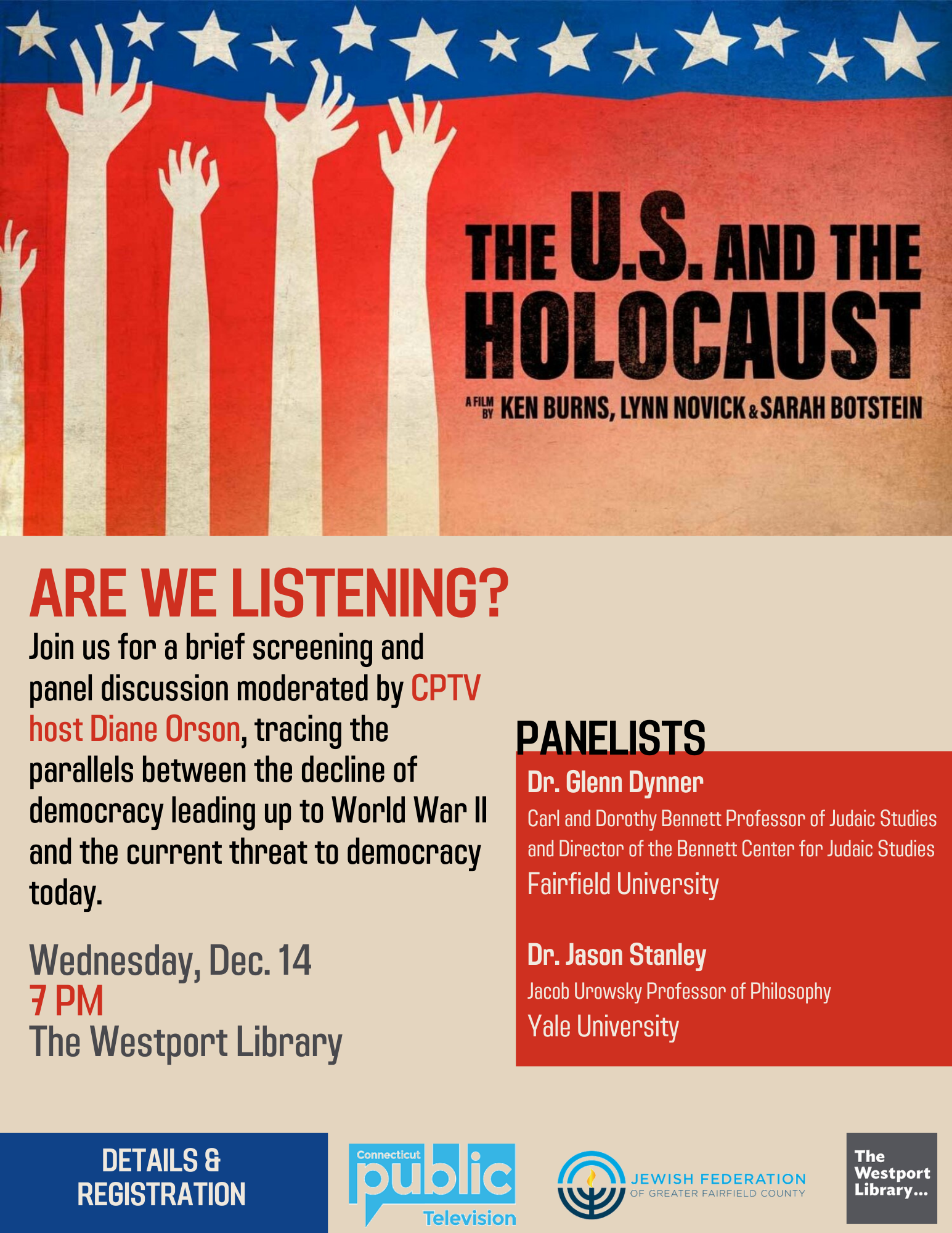 Logo for the film The US and the Holocaust with details about the December 14 event in Westport, CT