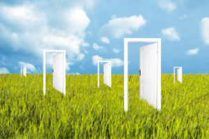 Image: Graphic of open doors on a field of long grass