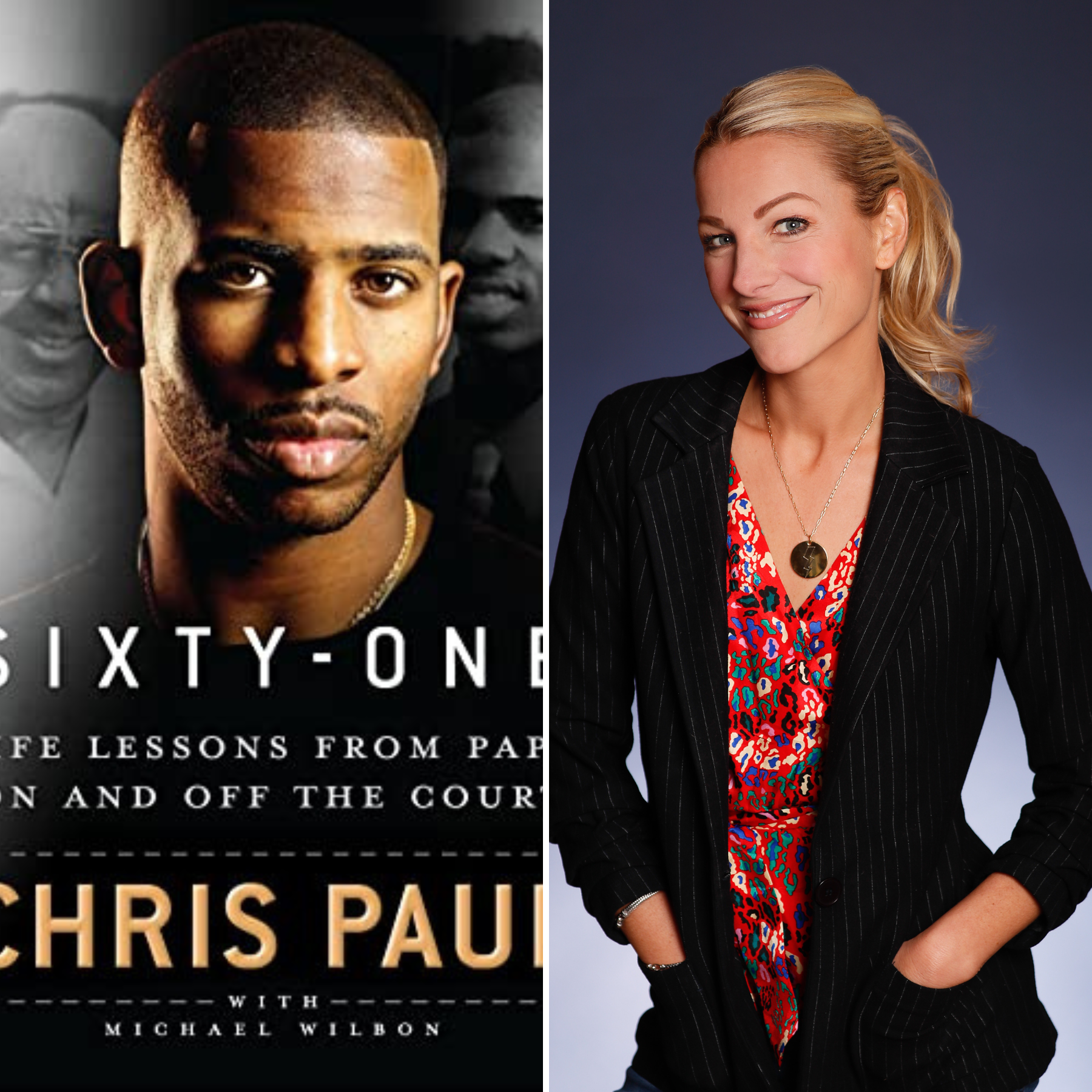 Split image of the book cover for Chris Paul's new memoir, Sixty-One, and sports journalist Lindsay Czarniak.