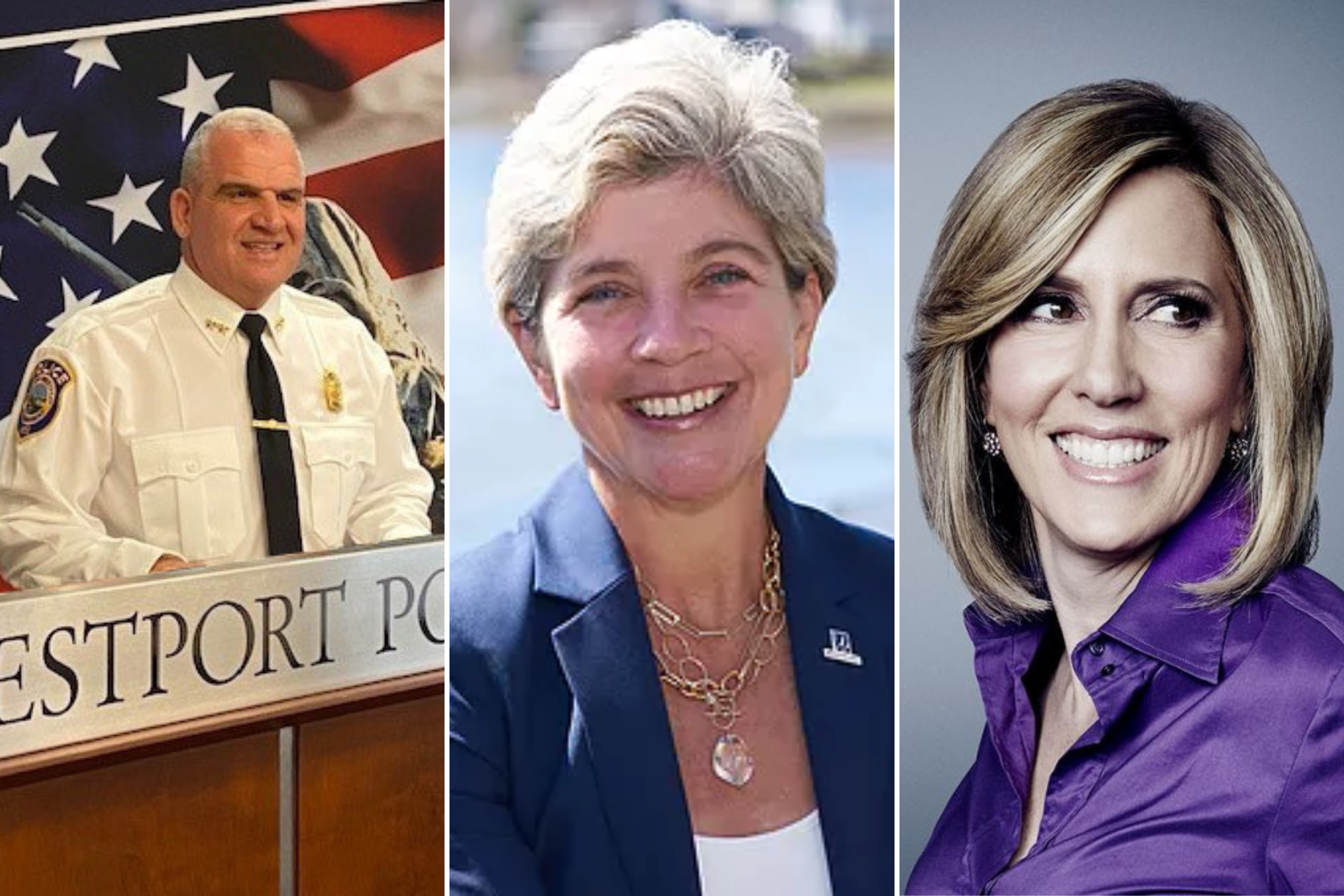 Split image of, L to R, Westport Chief of (left to right) Police Foti Koskinas, Westport First Selectwoman Jen Tooker, and CNN anchor Alisyn Camerota.