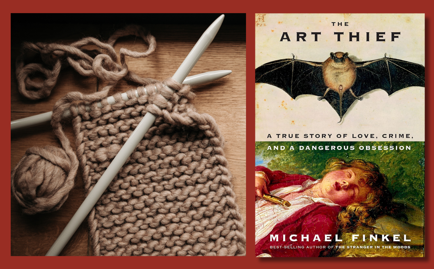 image of the book: the art thief next to knitting project