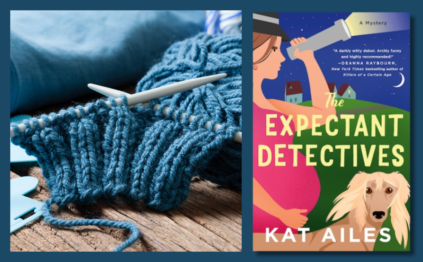 Image of a blue knitting project and the book Expectant Detectives by Kat Ailes