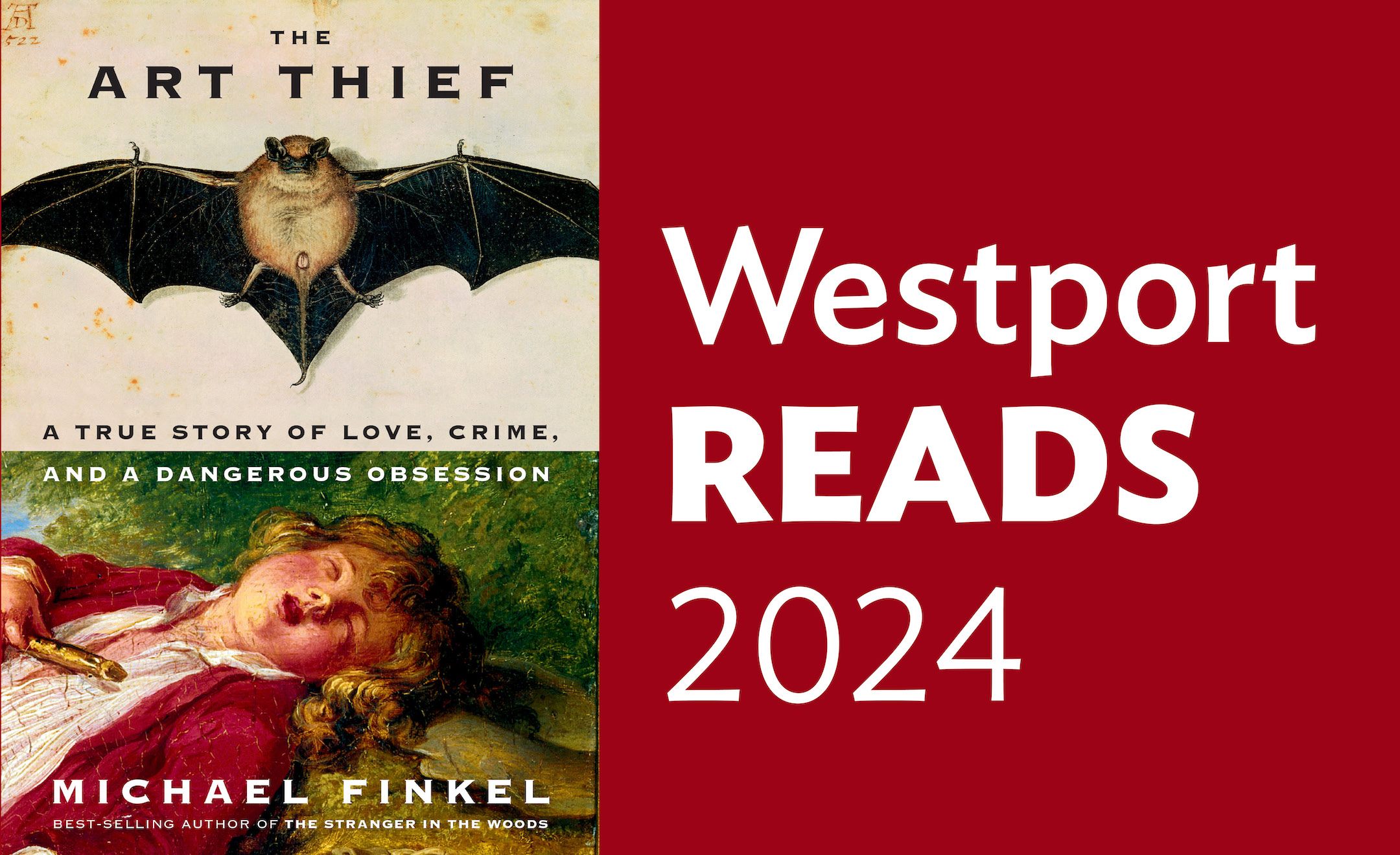 Logo of WestportREADS 2024 with cover of THE ART THIEF by Michael Finkel