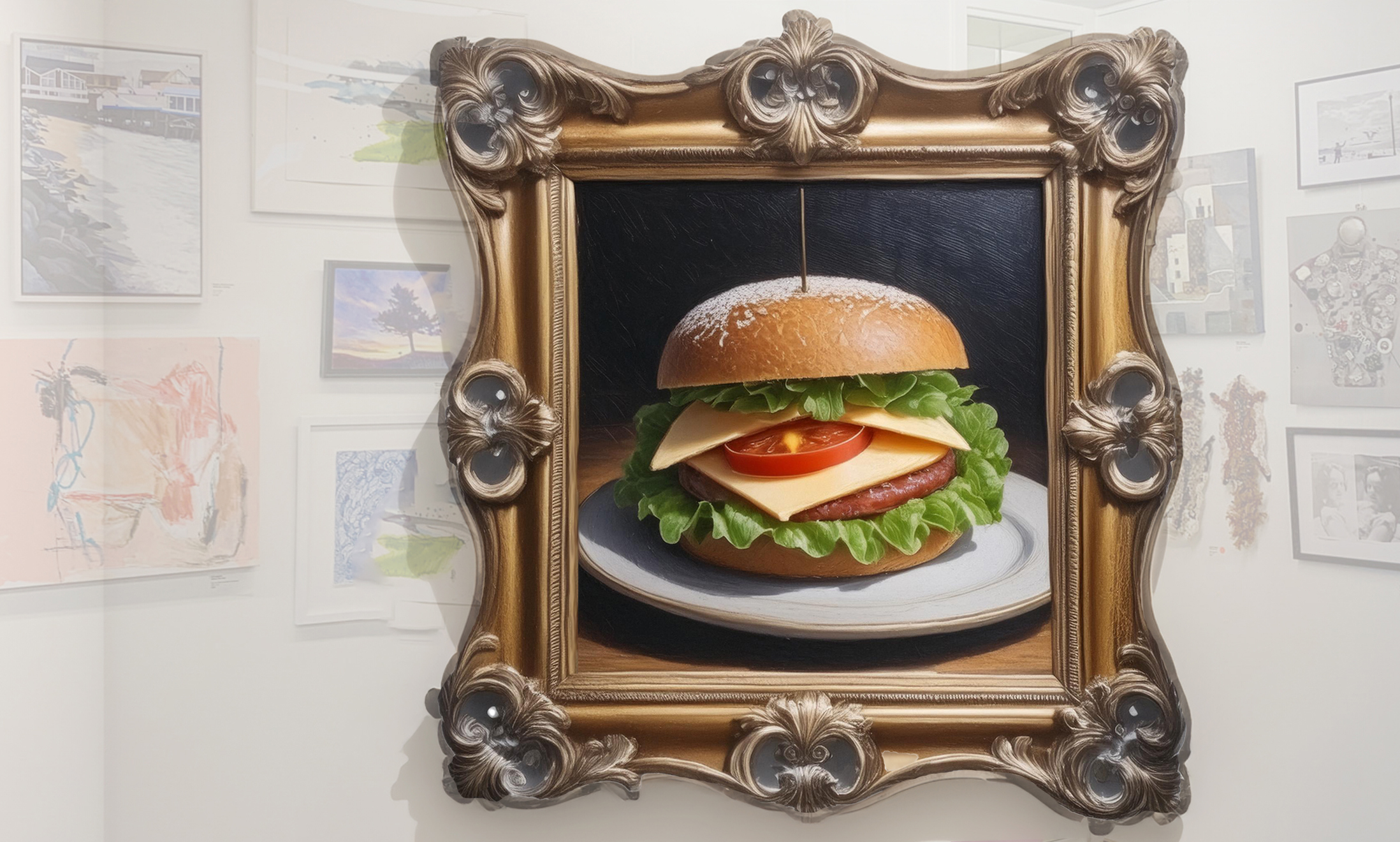 Picture of a cheeseburger inside an ornate frame