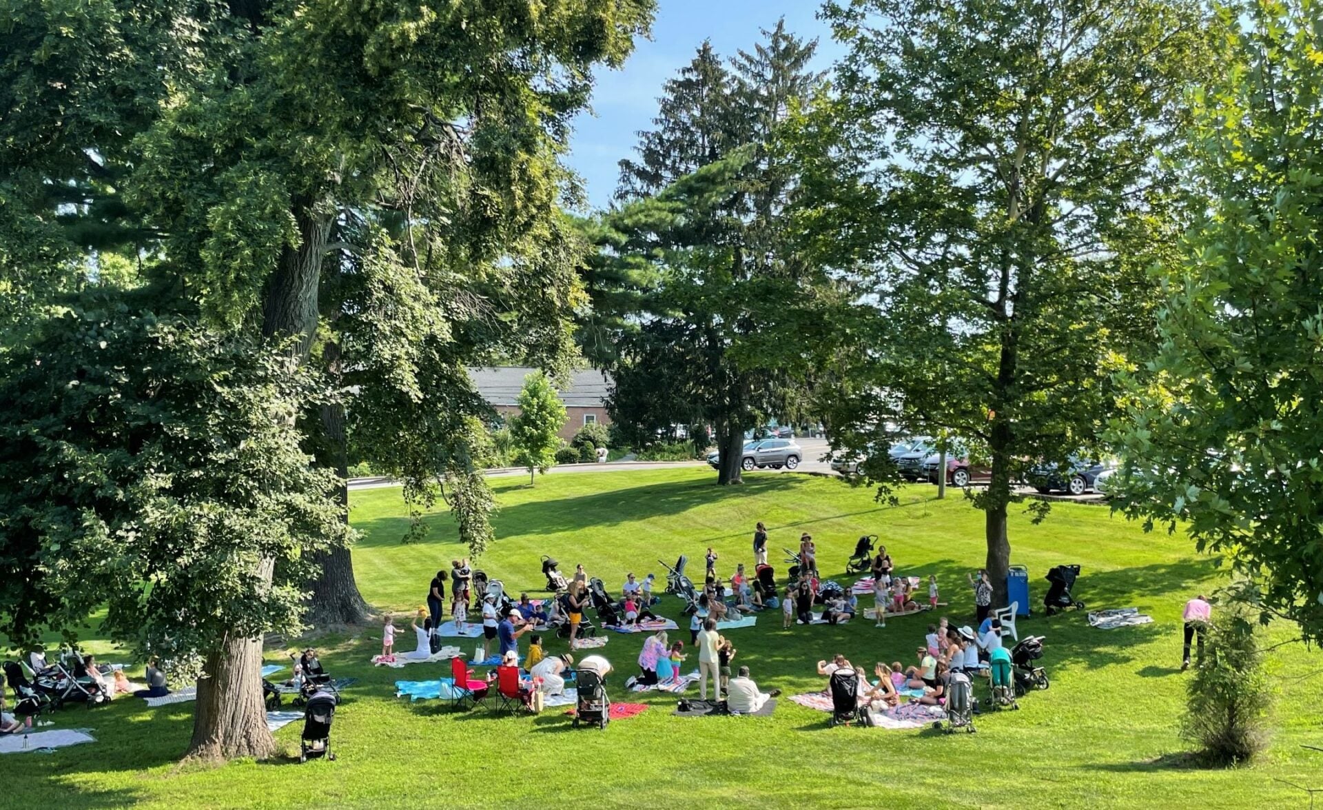People reading on the Jesup Green in Westport, CT